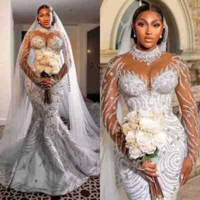Mermaid Wedding Dresses High Neck Long Sleeve Sweep Train Bridal Gowns Plus size