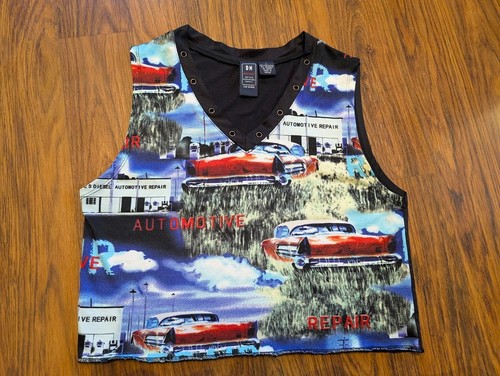 Vintage Derek Heart Y2K Cropped Classic Car Print Babydoll Tank Top 90s 2B - Picture 6 of 11