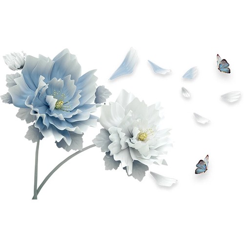 3D Wall Art Decals Mural Large White Blue Flowers Lotus Butterfly For Room Decor - Picture 6 of 8