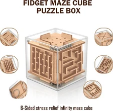 Fidget Puzzle Cube Toy for Adults - 6-Sided Wooden Brain Teaser Magic Cube for A