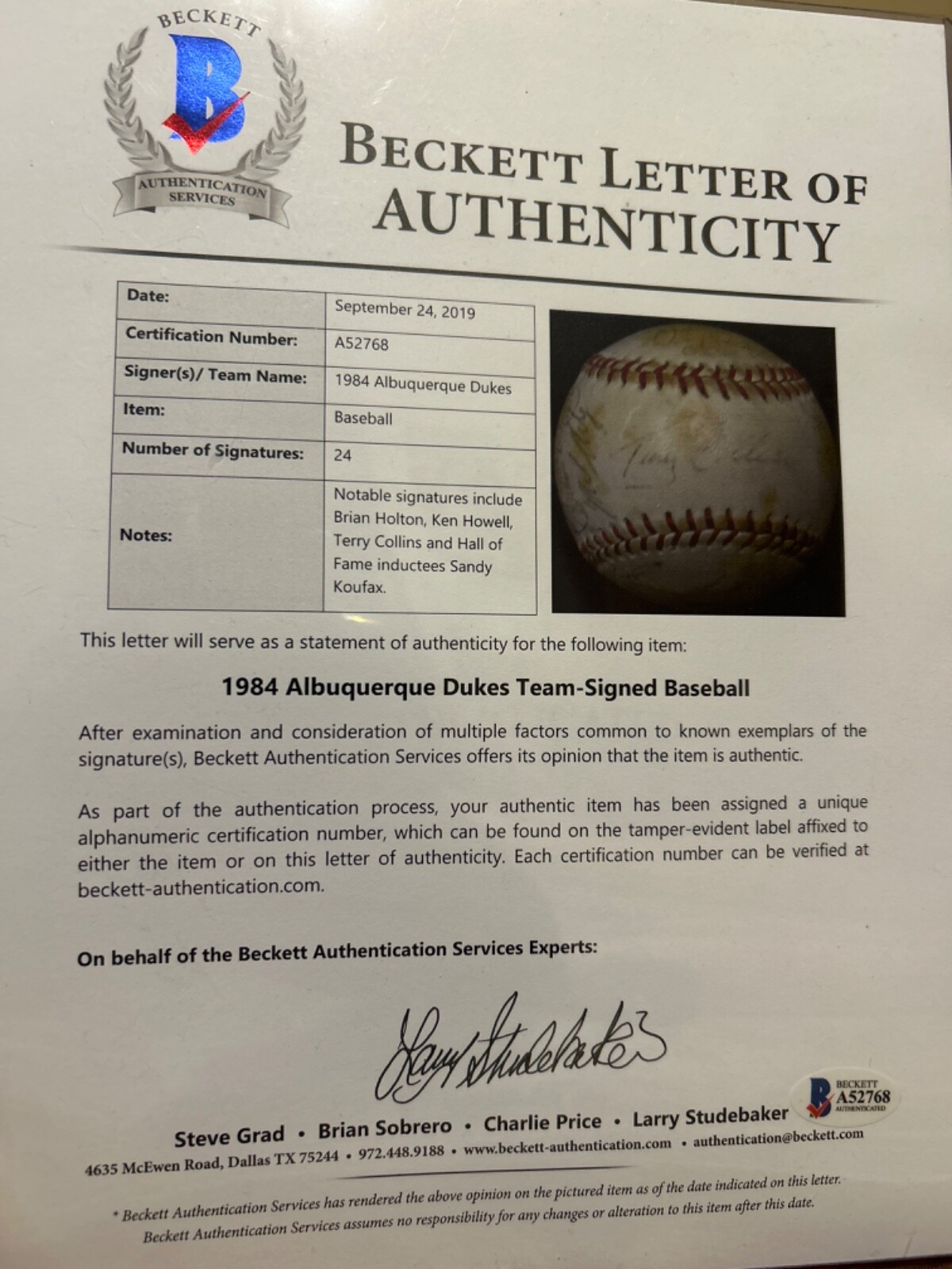 Sandy Koufax Autographed Signed Albuquerque Dukes baseball rare coaching with Beckett authenticity 