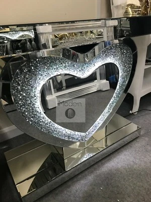 Mirrored crushed crystal LED love heart console table, silver mirror side table
