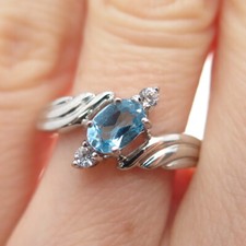 925 Sterling Silver Real Blue Topaz  Round-Cut C Z Bypass Ring Size 6