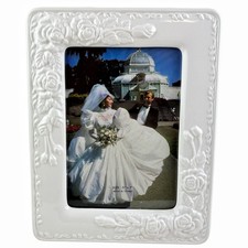 Vintage Ceramic Picture Photo Frame White Embossed Roses Romantic Wedding 5"x7"