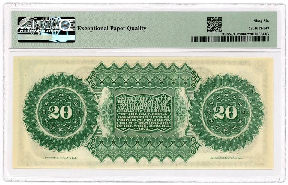 1872 Cr.7 $20 The State of SOUTH CAROLINA Note - PMG Gem 66 EPQ - Image 2 of 2