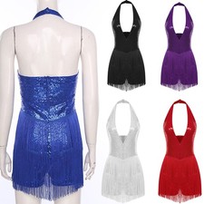 Womens Jumpsuit Party Dancewear Rumba Bodysuit Tassel Streetwear Cosplay Rave