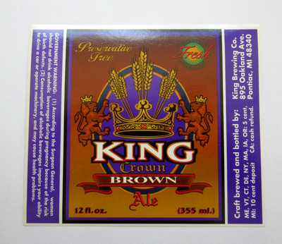 Vintage King Crown Brown Ale Beer Label Pontiac Michigan