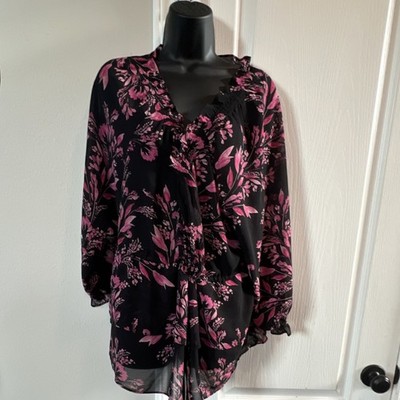 ELLE Black Pink Floral Women's V-Neck Ruffle Tie Blouse 2X Plus Balloon Sleeve