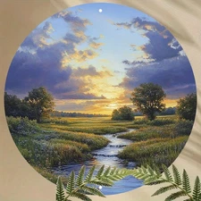 Landscape Sunset River Painting Round Aluminum Wilderness Art
