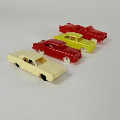 Vintage Plastic Toy Cars 4 Red Yellow  Cream Colors 1960s Miniature Models