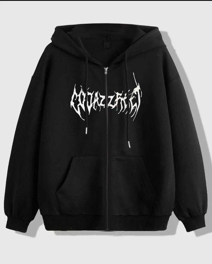 Black Oversized Zip Hoodie Gothic Print Unisex Streetwear Hooded Jacket
