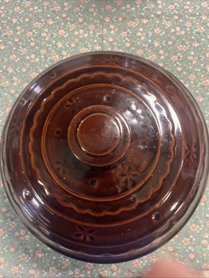 Marcrest Stoneware Casserole Dish Lid Daisy Dot Vintage Brown Bean Pot Crock