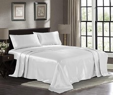 Full Size White Satin Bed Sheet Set Extra Soft 1800 Microfiber Wrinkle Fade