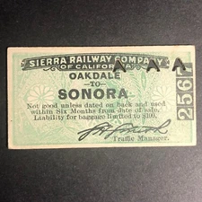 Sierra Railway Company of California Oakdale to Sonora Ticket / Stub VGC 1919