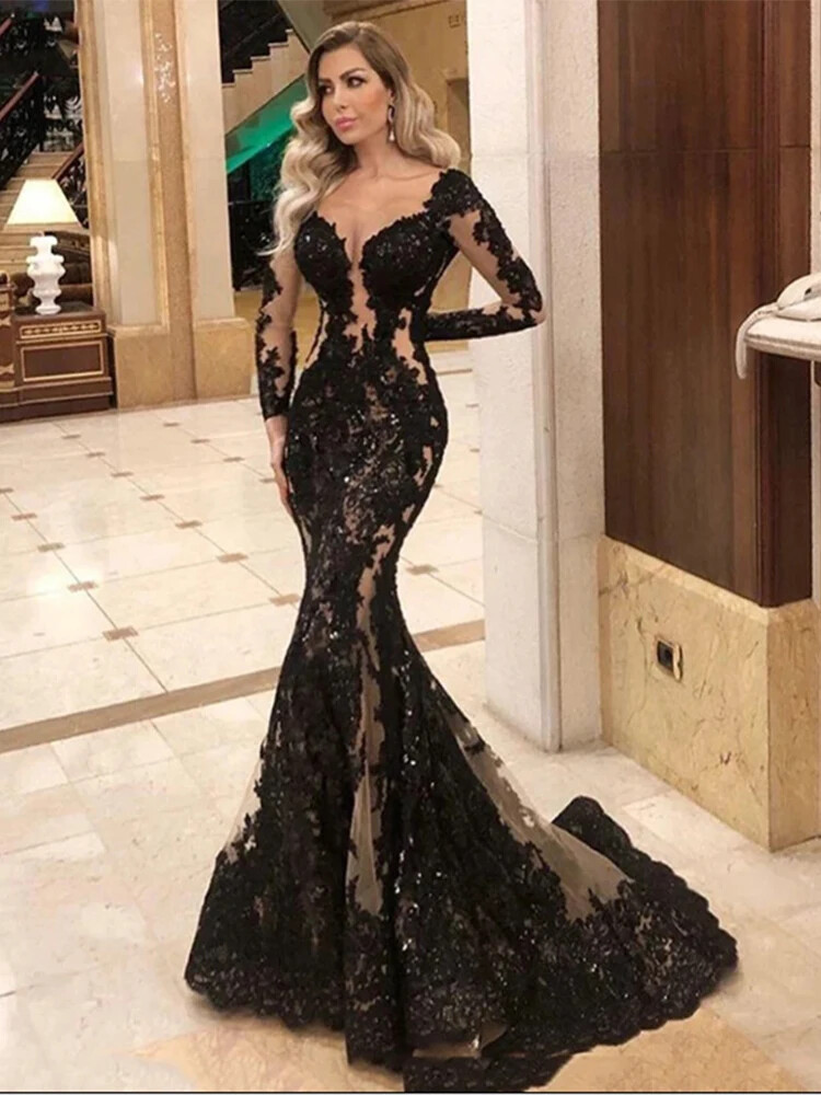 Elegant Sexy Black Mermaid Wedding Dresses Lace Long Sleeves Applique  BridalGown