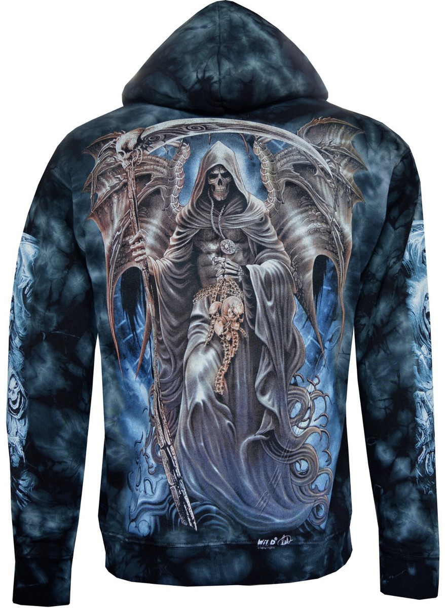 Tie Dye Hoodie Zip Up Grim Reaper with Dragon Wings Scythe Glow in