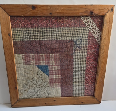 Framed Vintage Quilt Square Lace Sewing Collage Pink White  Room Wall Decor 16''