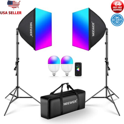 RGB Softbox Lighting Kit App Control 9 Effect Modes 2 Pack Sturdy Stands LED New