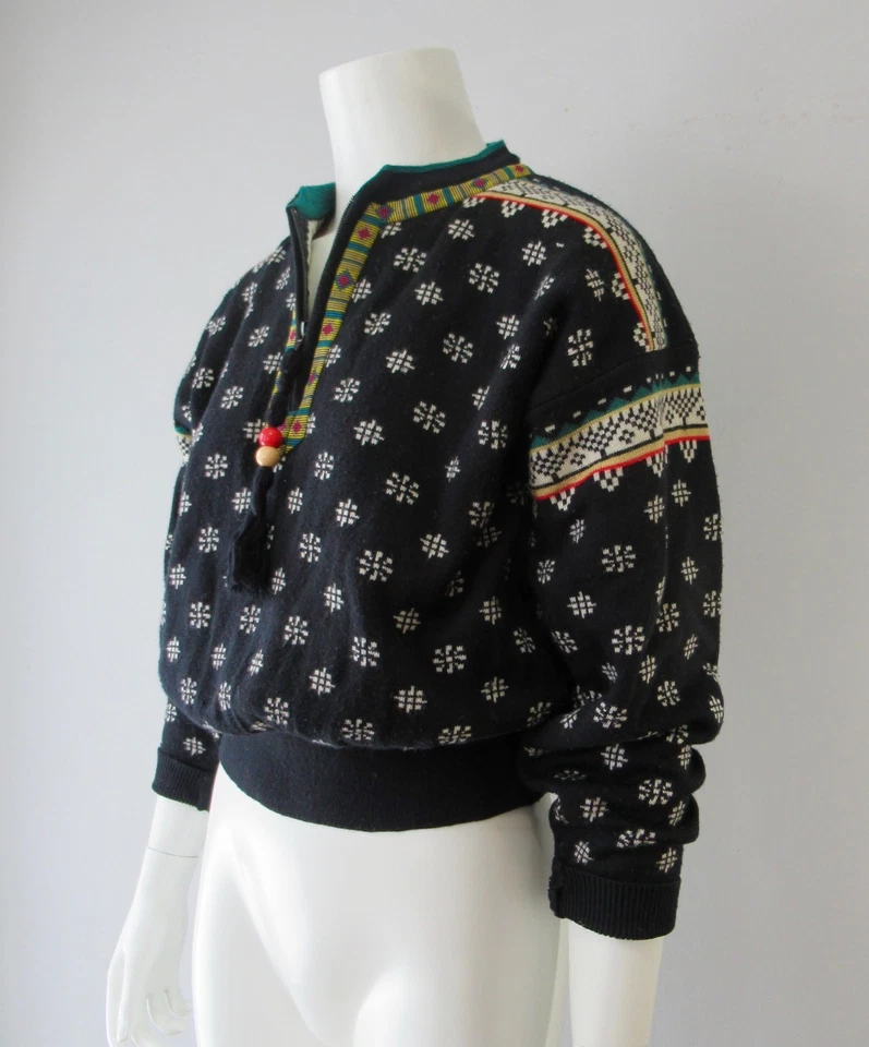 Vintage 80s Obermeyer Boho Bead Zip Nordic Cropped Pullover Wool Blend Sweater S - Image 4 of 4