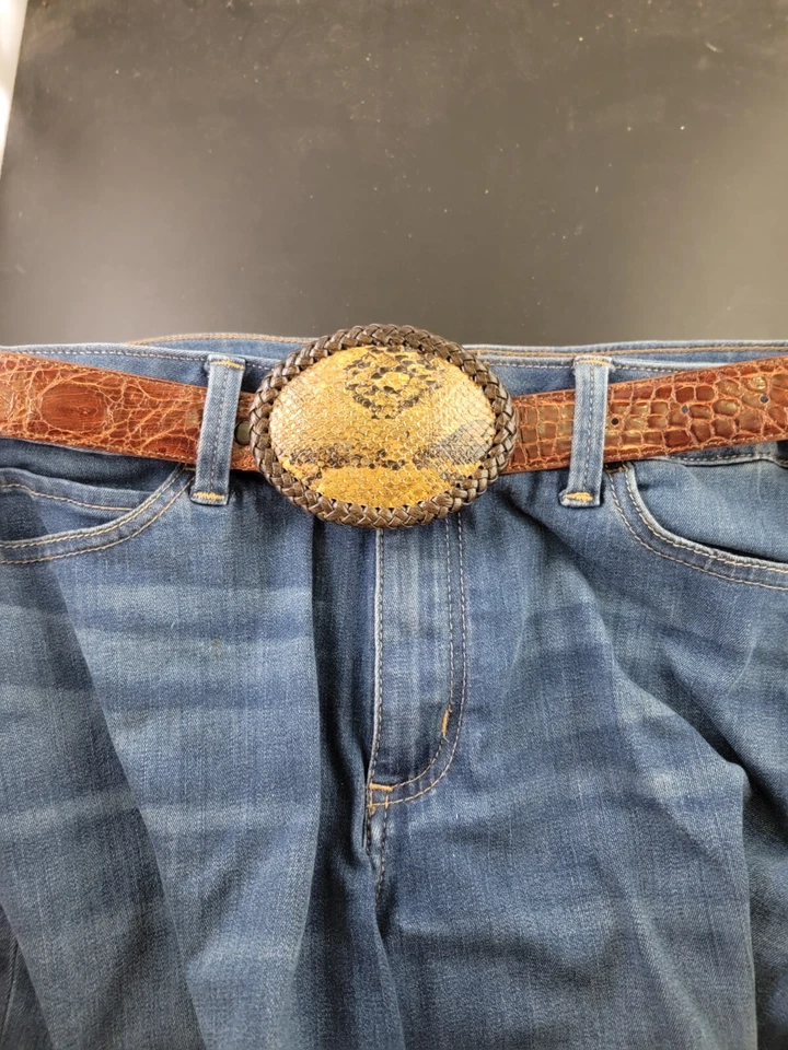 Hebilla de cinturón de piel de serpiente de pitón estilo vaquero occidental grande auténtico hecho a mano nuevo Foto 2 de 4