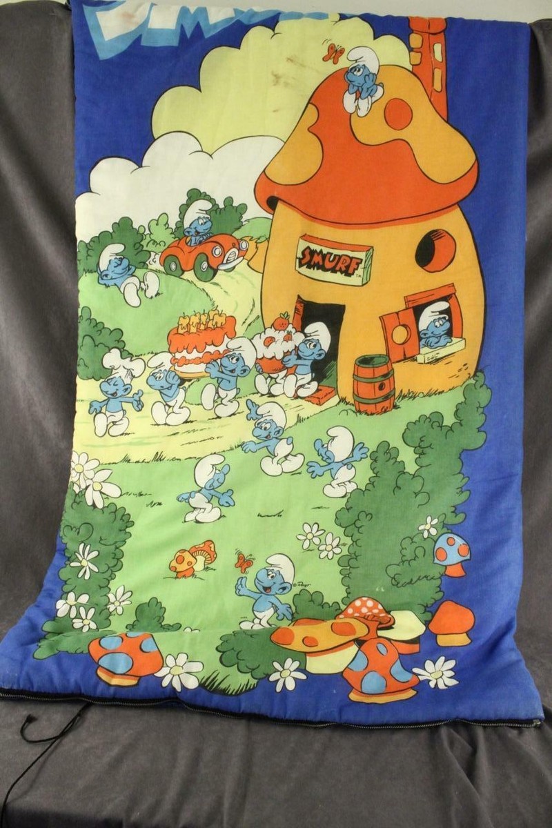 Vintage SMURF Cartoon Zip Up Cotton SLEEPING BAG 1980s WENZEL TV