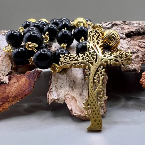 Handmade in Scotland Azbache Stone Black and Gold Tree of LIfe Rosary Beads Gift - Picture 2 of 12