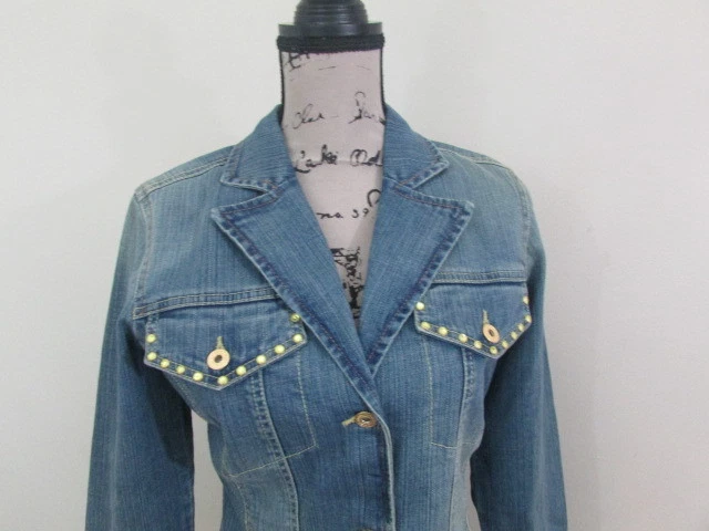 Chaqueta vaquera de mezclilla Bandolinoblu para mujer S tachuelas ajustadas azul Foto 2 de 4