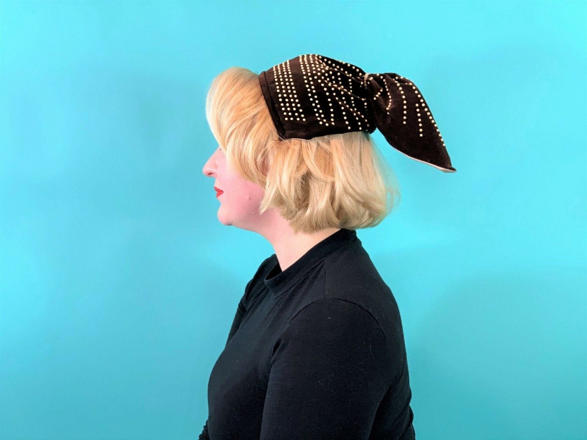 Vintage 1940s Snood Hat Brown Velvet Beaded Ponytail Headband 1940s Brown Velvet Tall Hat by Fashion Guild | Command Attention main image 3