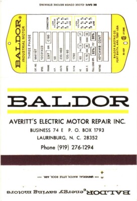 Baldor, Averitt's Electric Motor Repair, Inc. Laurinburg Vintage Matchbook Cover