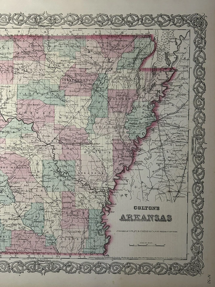 Mapa antiguo original coloreado a mano de Colton's Arkansas 1870 17" x 14" Foto 3 de 3