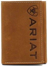 Ariat Mens Leather Vertical Logo Tri-fold Wallet, Medium Brown