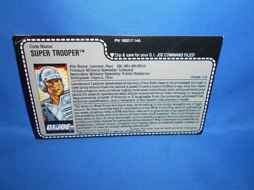 1988 GI JOE ARAH SUPER TROOPER RED BACK UNCUT FILE CARD PART ACCESSORY