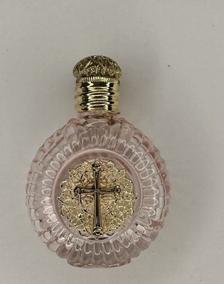 Holy Water Bottle-rose glass-pressed motif of Holy Cross- brass plated