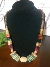 Vintage Large Chunky Colorful Real Wood Disc MultiColor Necklace 25" BOHO Nature