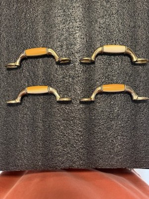 Vtg Beige/Cream Brass Porcelain Pulls Drawer Cabinet Handle Kitchen Lot of 4
