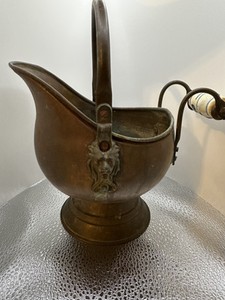 Vintage Solid Brass Coal Scuttle Bucket Blue Delft Holland Lion Head Handle Ash
