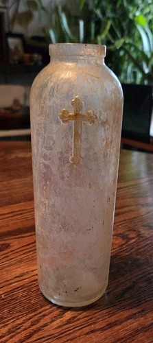 RARE ANTIQUE HOLY WATER BOTTLE Victorian Religious 8 1/2” 1800’s 3 Gold Crosses