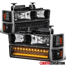 Fits 1994-1998 Silverado C/K Tahoe Suburban Black Headlights+LED Bumper+Corner