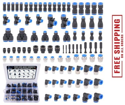 94 Pcs Quick Connect Air Line Fittings Kit Pneumatic Push Lock & NPT Fittings