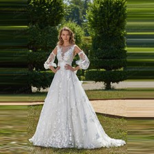 V-Neck Wedding Dress Women's Aline Long Sleeve Appliques Bridal Gown Long Sleeve