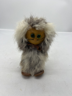 Vintage Dyed Rabbit Fur & Leather Kitty Cat Figure Green Glass Cat Eyes Rare