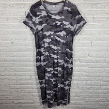 Old Navy XL Gray Camo Midi Dress 100% Cotton Short Sleeve Side Slit Casual