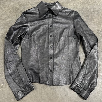 Strenesse Gabriele Strehle Leather Shirt Jacket Sz 4 Metallic Y2K Made in Italy