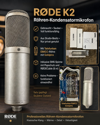 RØDE K2 Röhren-Kondensatormikrofon mit Telefunken E88CC Goldpins Tube + Zubehör