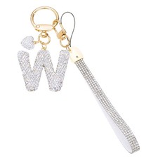 Bling Initial Letter Keychain Key Wristlet for Bag Car Accessories, Silver-W