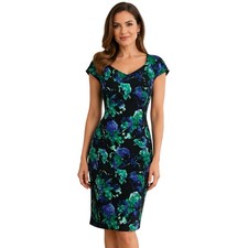 Jacques Vert Straight Dress Size 14 Blue Green Floral Wedding Guest Race Days