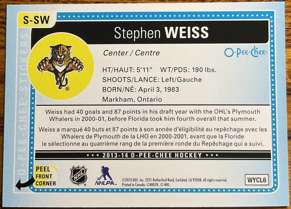 2013-14 O-Pee-Chee Stickers Stephen Weiss #S-SW Florida Panthers - Image 2 of 2