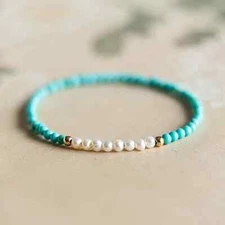Natural Turquoise & Peals Tiny Beads Dainty Minimalist Healing Stretch Bracelet