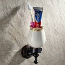 Oil Rubbed Brass Wall Mount Bathroom Toothbrush Holder Lace Ceramics Cup 2ba475
