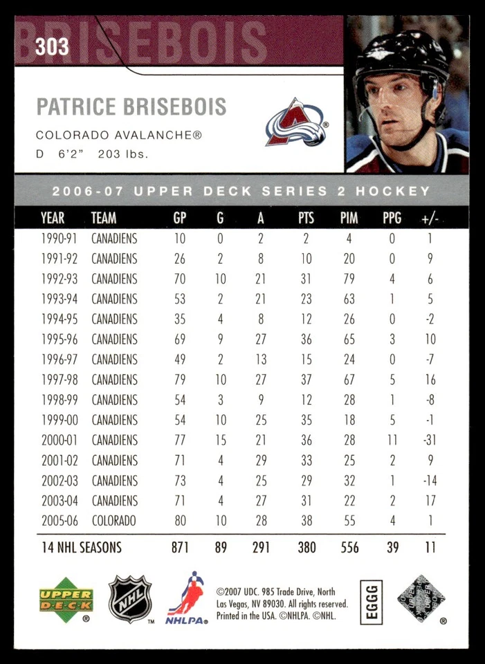 2006 Upper Deck #303 Patrice Brisebois - Colorado Avalanche - Image 2 of 2